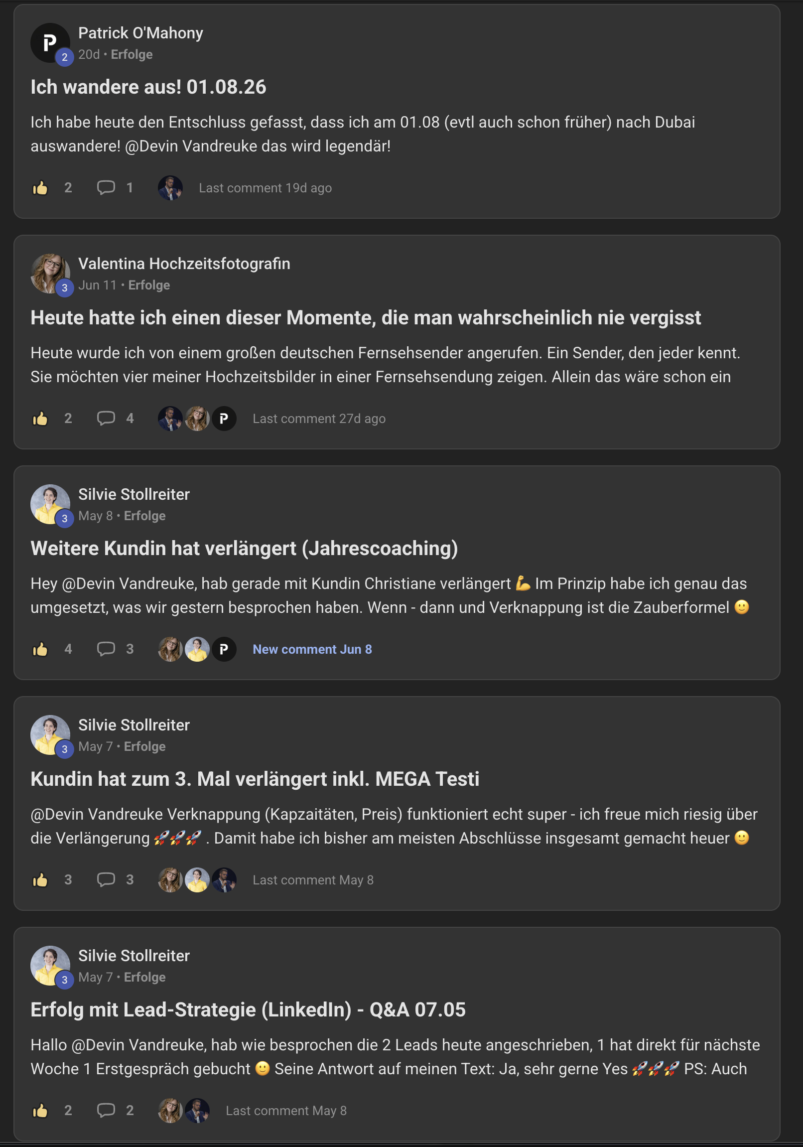 Erfolgs-Feed der Vision-Club-Community mit Beiträgen von Mitgliedern
